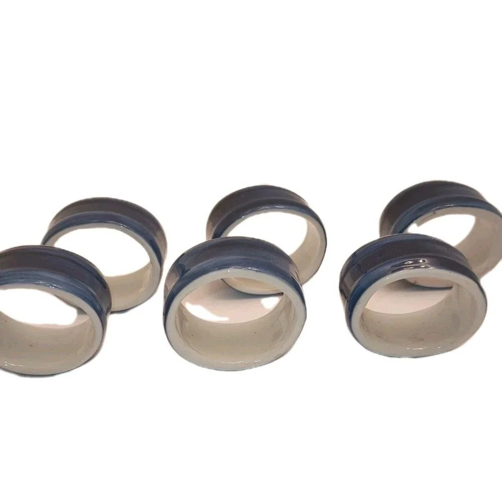 SET OF 6 - Glossy Blue & White Striped Ceramic NAPKIN RINGS, Modern. NICE!